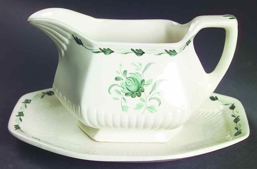Lincoln (Green Vine on Rim) Gravy Boat & Underplate/Relish by Adams China-1