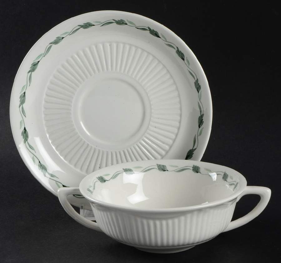 Lincoln (Green Vine on Rim) Flat Cream Soup Bowl & Saucer Set by Adams China-1