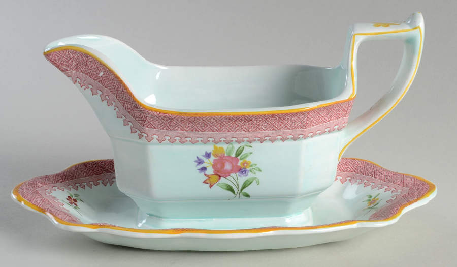 Lowestoft (Newer Backstamp) Gravy Boat with Attached Underplate by Adams China-1
