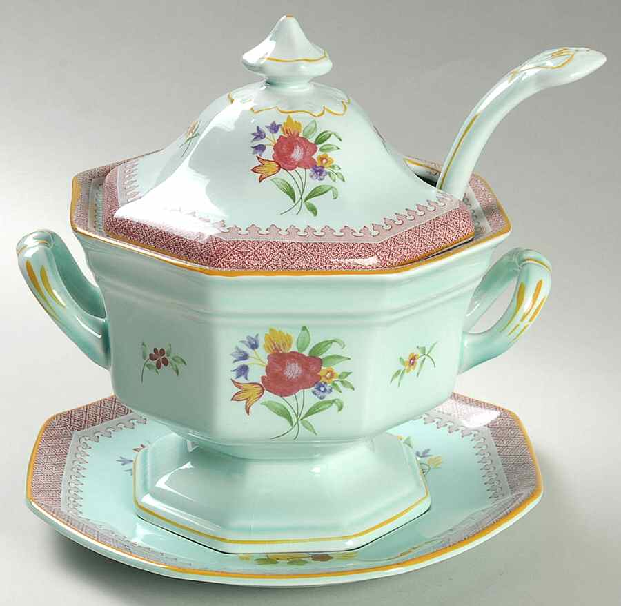 Lowestoft (Newer Backstamp) Sauce Boat & Lid & Underplate & Ladle by Adams China-1