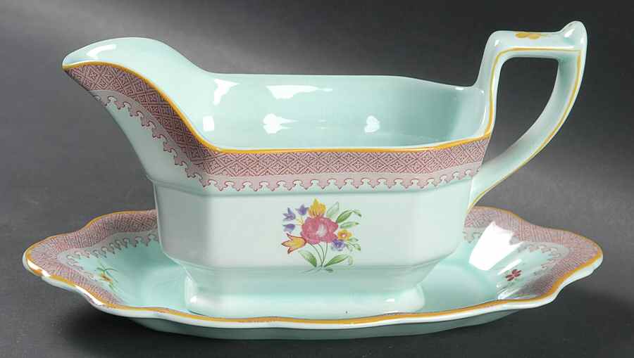 Lowestoft (Newer Backstamp) Gravy Boat & Underplate/Relish by Adams China-1