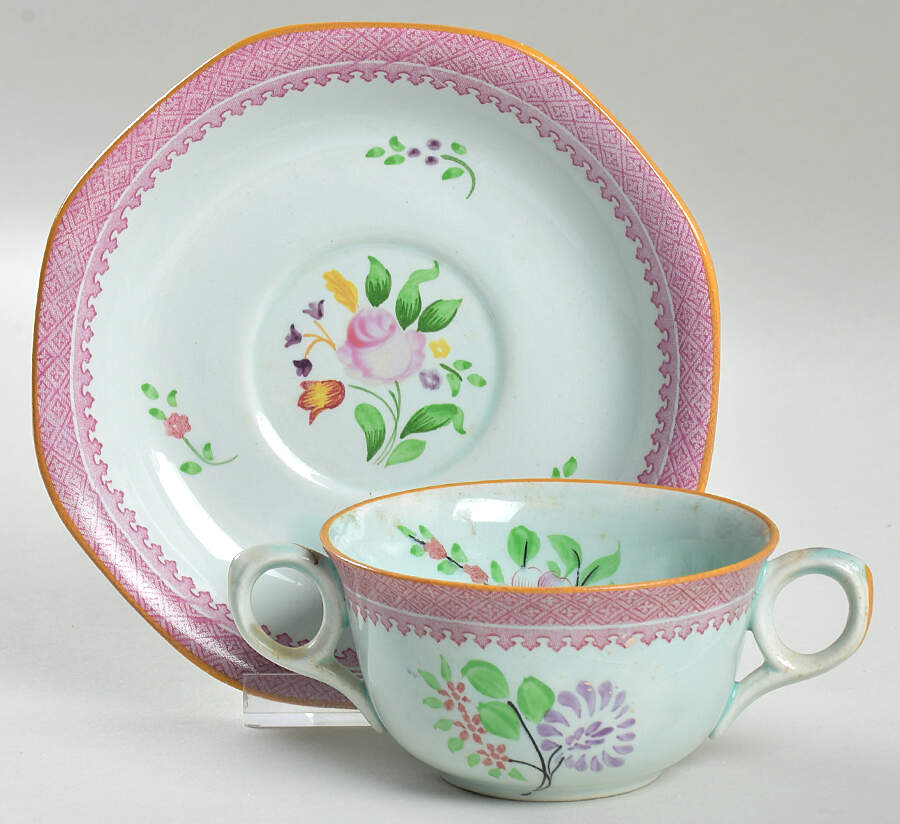 Lowestoft (Older Backstamp) Flat Bouillon Cup & Saucer by Adams China-1