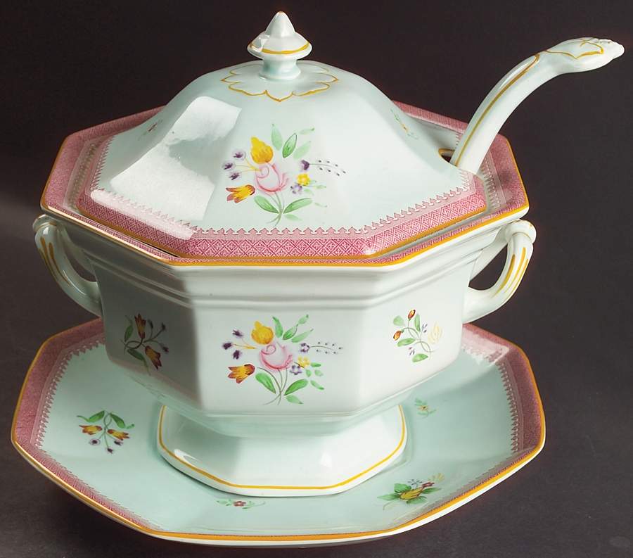 Lowestoft (Older Backstamp) Octagonal Tureen & Lid w/Ladle & Underplate by Adams China-1