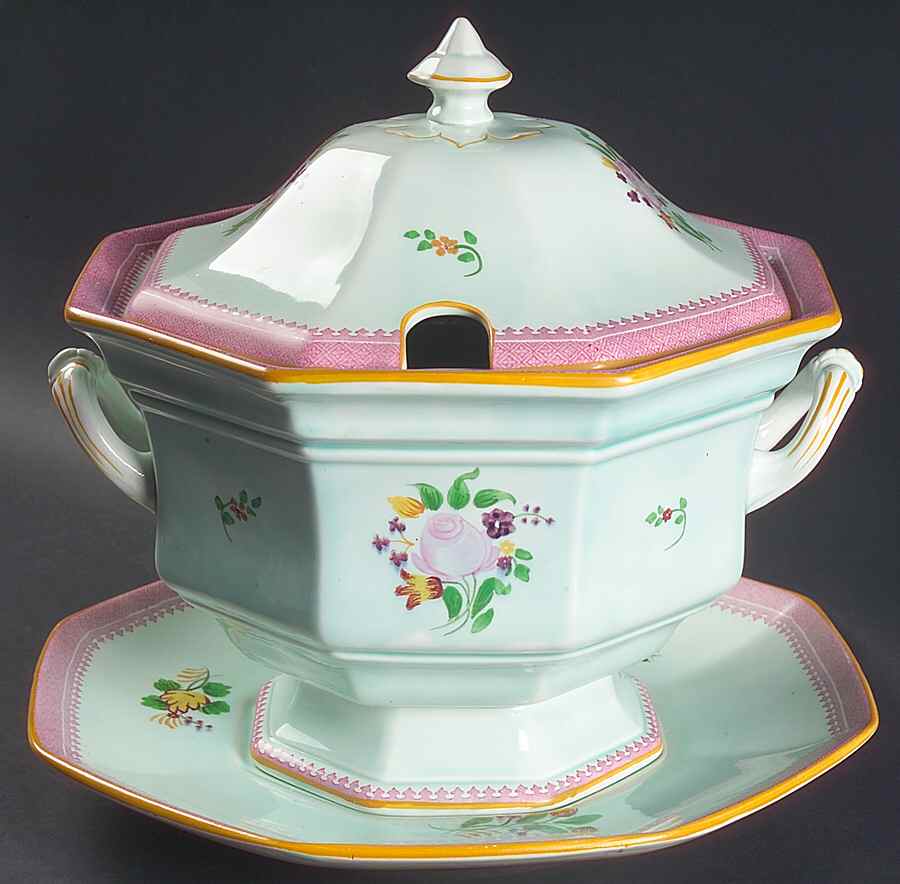 Lowestoft (Older Backstamp) Octagonal Tureen & Lid with Underplate by Adams China-1