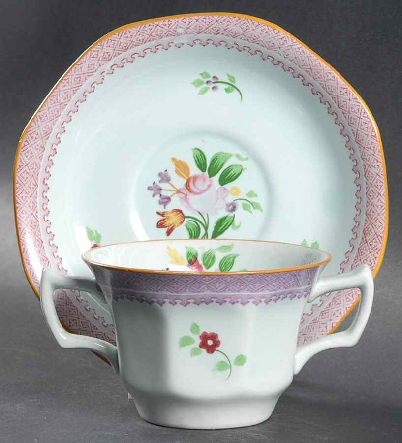Lowestoft (Older Backstamp) Flat Bouillon Cup & Saucer by Adams China-1