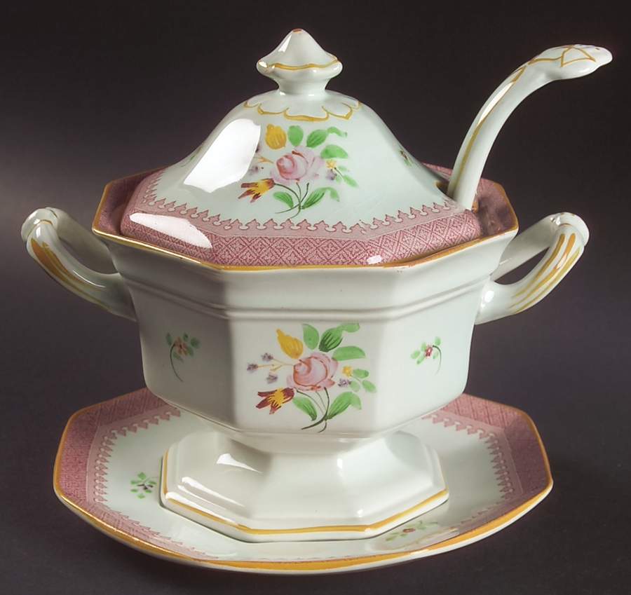 Lowestoft (Older Backstamp) Octagonal Sauce Boat & Lid & Underplate & Ladle by Adams China-1