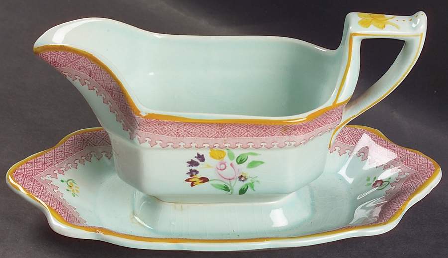 Lowestoft (Older Backstamp) Gravy Boat with Attached Underplate by Adams China-1