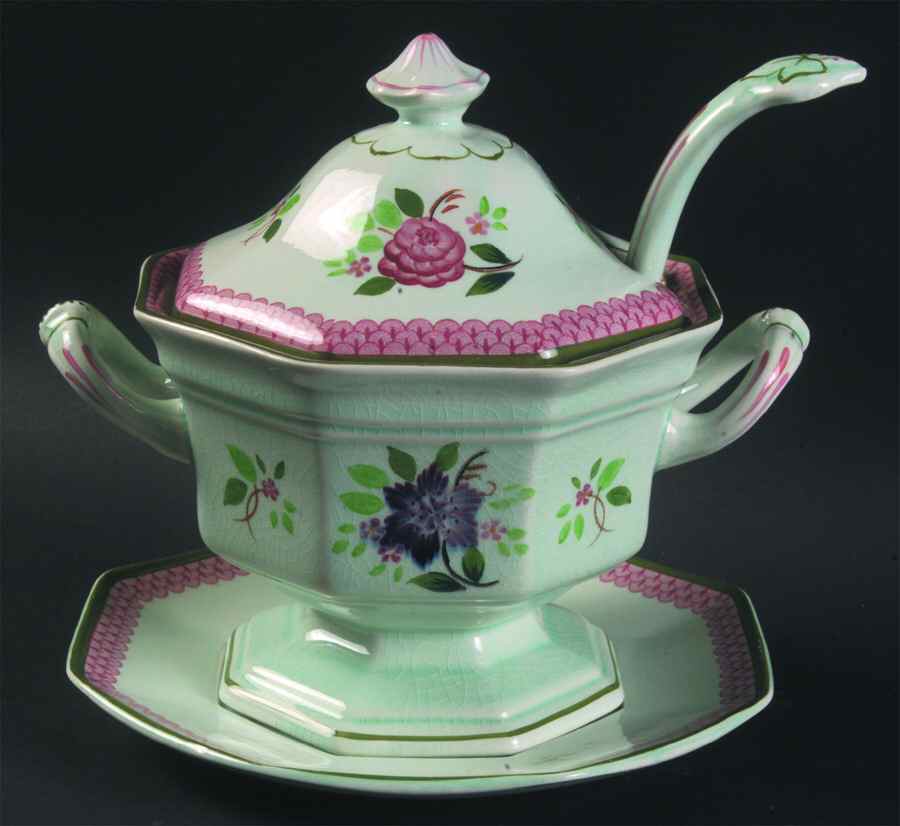 Mandalay Green Sauce Boat & Lid & Underplate & Ladle by Adams China-1