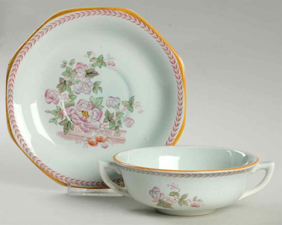 Metz Older Backstamp Flat Cream Soup Bowl & Saucer Set by Adams China-1