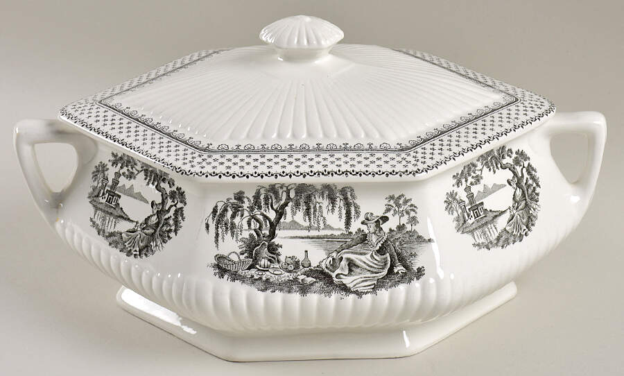 Minuet Black (Newer, Adams Bckstmp) Oval Covered Vegetable by Adams China-1