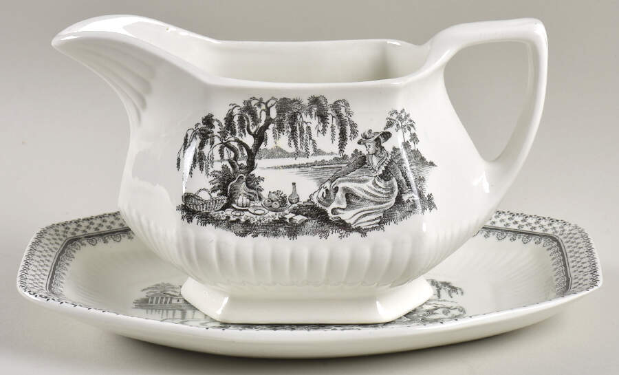 Minuet Black (Newer, Adams Bckstmp) Gravy Boat & Underplate/Relish by Adams China-1