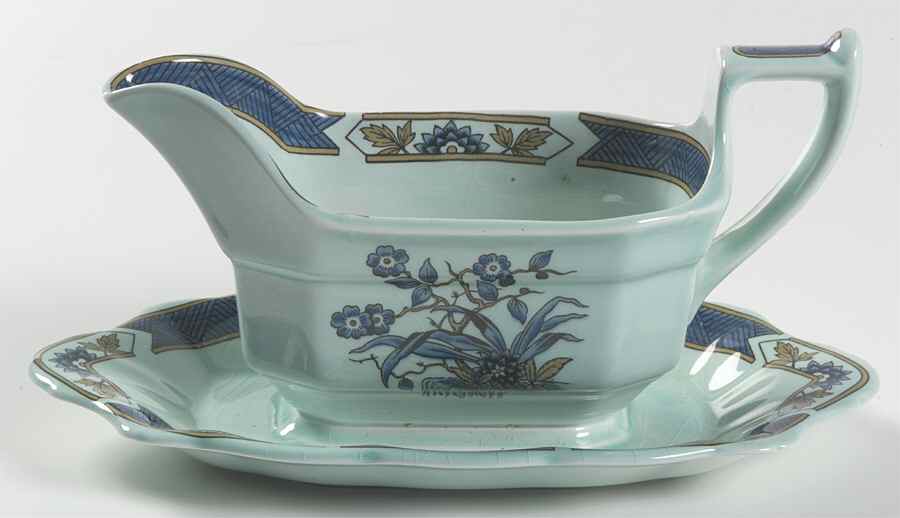 Ming Toi Blue Gravy Boat with Attached Underplate by Adams China-1