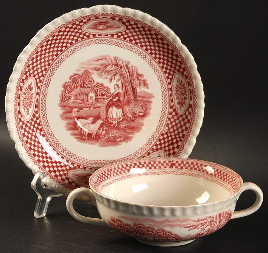 Old English Rural Scenes Flat Cream Soup Bowl & Saucer Set by Adams China-1