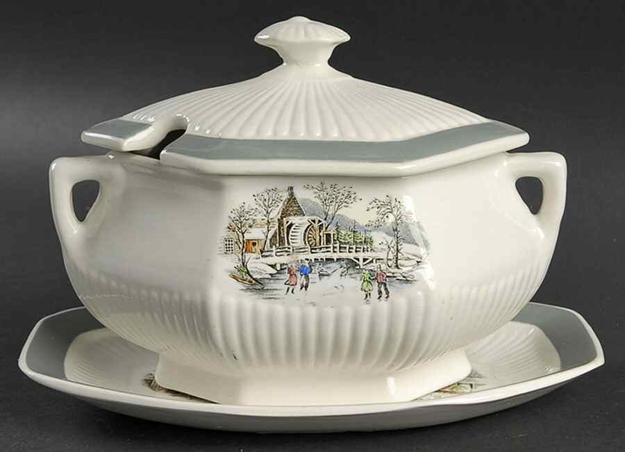 Old Winter Scenes Sauce Boat & Lid with Underplate by Adams China-1