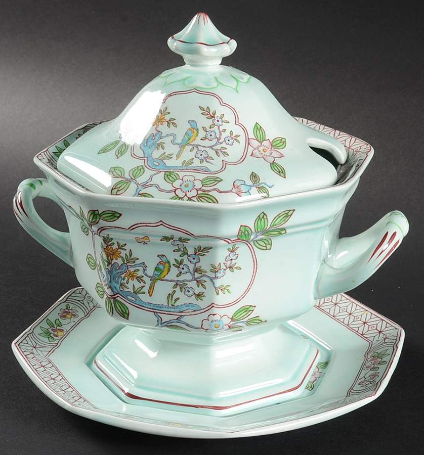 Singapore Bird (Newer Backstamp) Sauce Boat & Lid with Underplate by Adams China-1