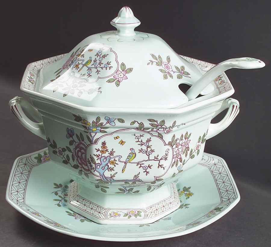 Singapore Bird (Newer Backstamp) Tureen & Lid w/Ladle & Underplate by Adams China-1