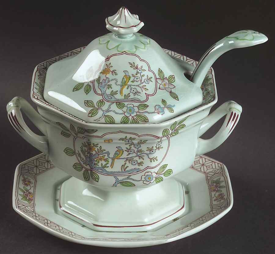 Singapore Bird (Newer Backstamp) Sauce Boat & Lid & Underplate & Ladle by Adams China-1