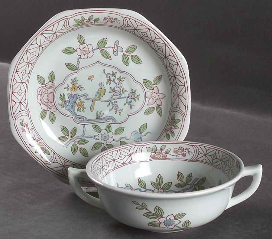 Singapore Bird (Newer Backstamp) Flat Cream Soup Bowl & Saucer Set by Adams China-1
