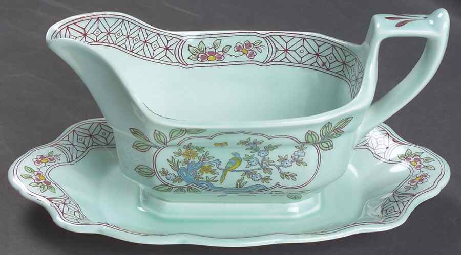 Singapore Bird (Newer Backstamp) Gravy Boat with Attached Underplate by Adams China-1
