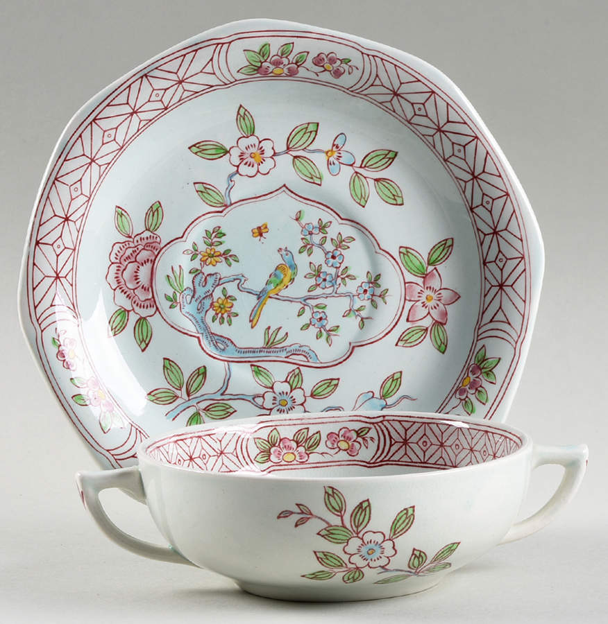Singapore Bird (Older Backstamp) Flat Cream Soup Bowl & Saucer Set by Adams China-1