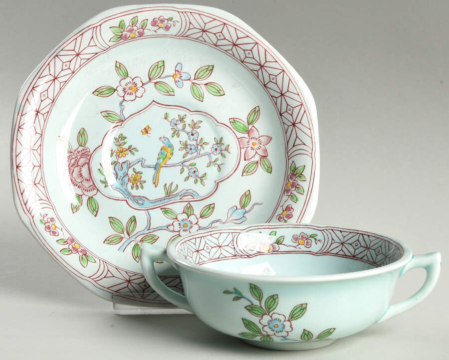 Singapore Bird (Older Backstamp) Flat Cream Soup & Saucer Set by Adams China-1