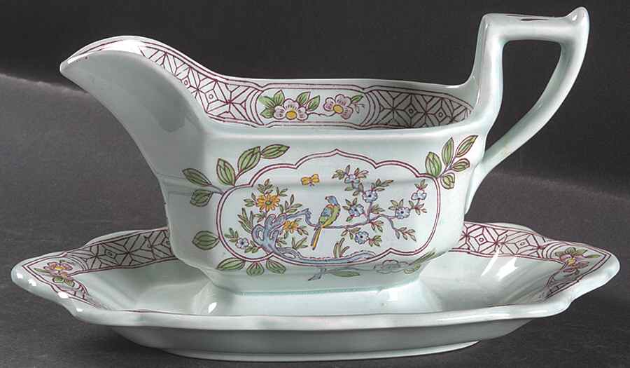 Singapore Bird (Older Backstamp) Gravy Boat with Attached Underplate by Adams China-1