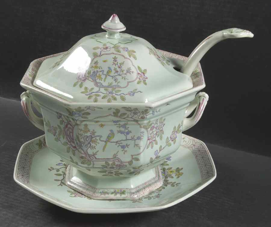 Singapore Bird (Older Backstamp) Octagonal Tureen & Lid w/Ladle & Underplate by Adams China-1