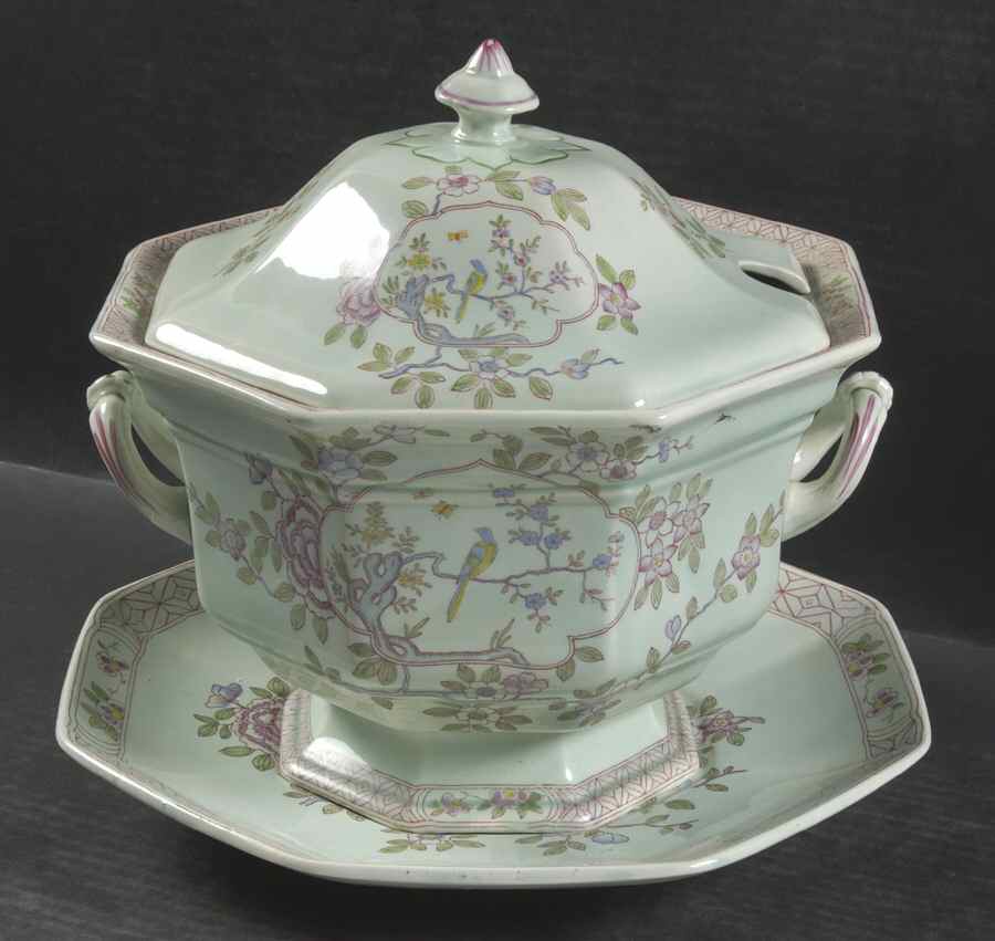 Singapore Bird (Older Backstamp) Octagonal Tureen & Lid with Underplate by Adams China-1