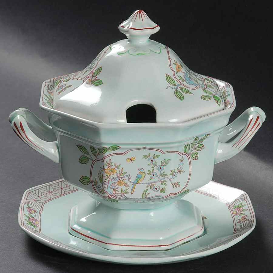 Singapore Bird (Older Backstamp) Sauce Boat & Lid with Underplate by Adams China-1