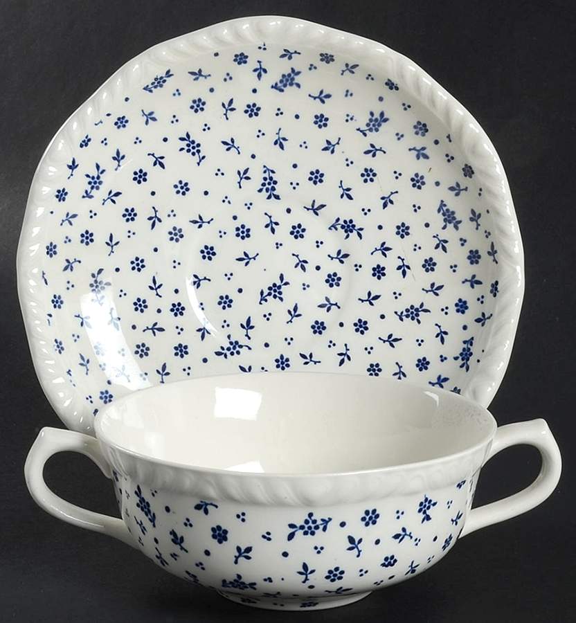 Sprig Blue Flat Cream Soup Bowl & Saucer Set by Adams China-1
