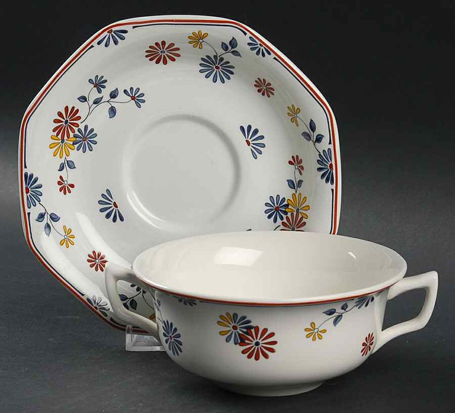 Vermont (Red Trim) Flat Cream Soup Bowl & Saucer Set by Adams China-1