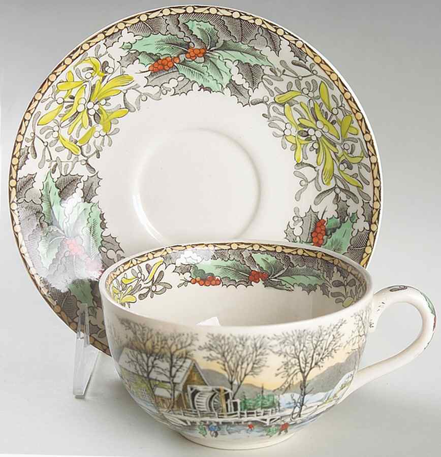 Winter Scenes Black, Multicolor Footed Cup & Saucer Set by Adams China-1