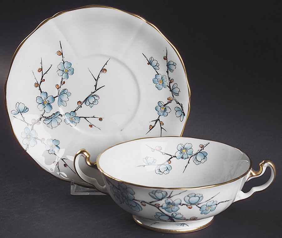 Chinese Blossom (Blue Flowers) Footed Cream Soup Bowl & Saucer Set by Adderley-1