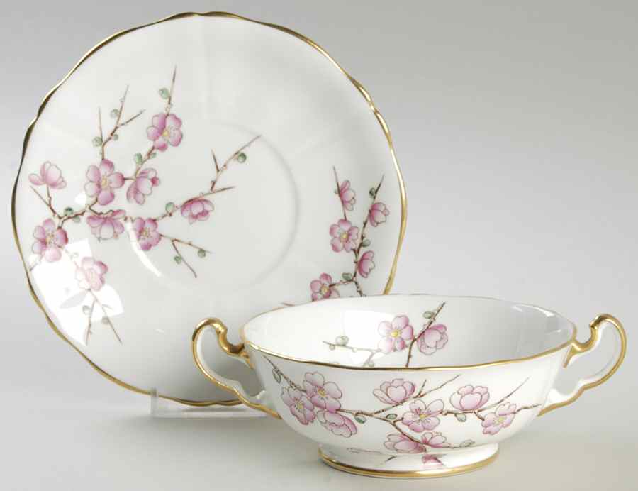 Chinese Blossom (Pink Blossoms) Footed Cream Soup Bowl & Saucer Set by Adderley-1