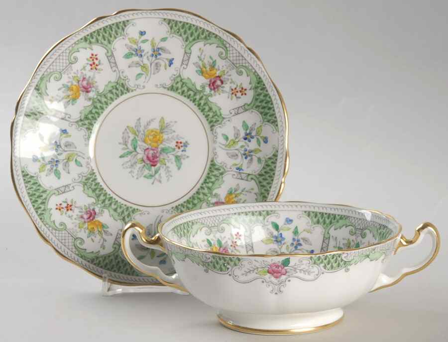 Lowestoft Light Green Footed Cream Soup Bowl & Saucer Set by Adderley-1
