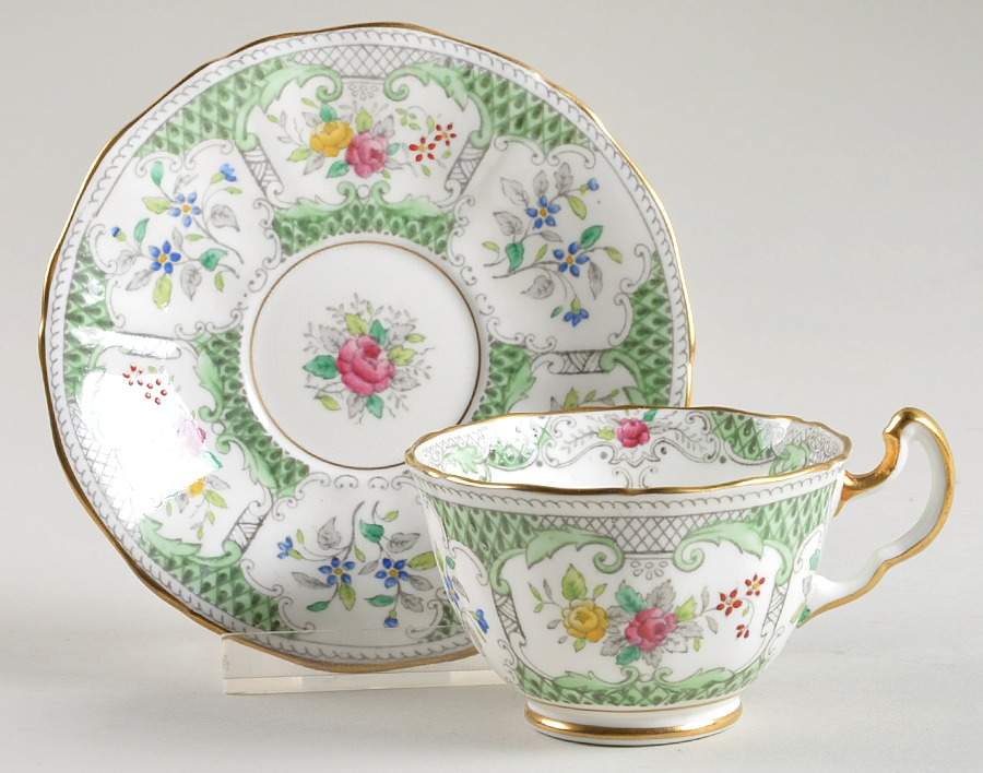 Lowestoft Light Green Footed Demitasse Cup & Saucer Set by Adderley-1