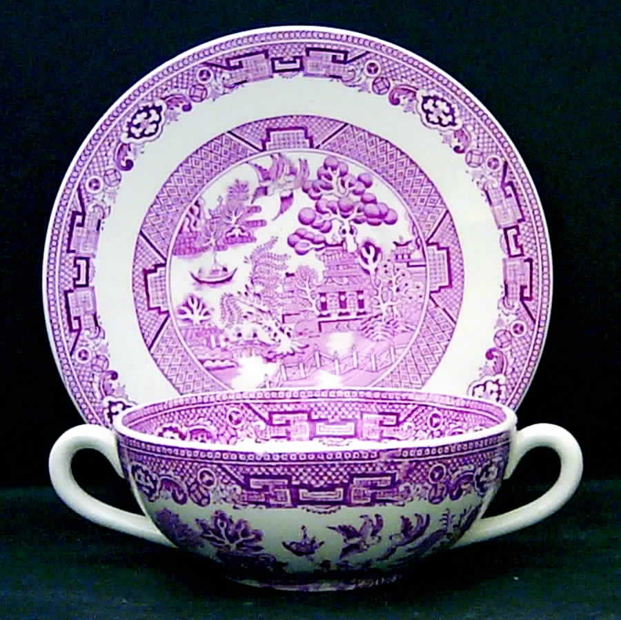 Willow Pink (White Background) Flat Cream Soup Bowl & Saucer Set by Allerton's-1