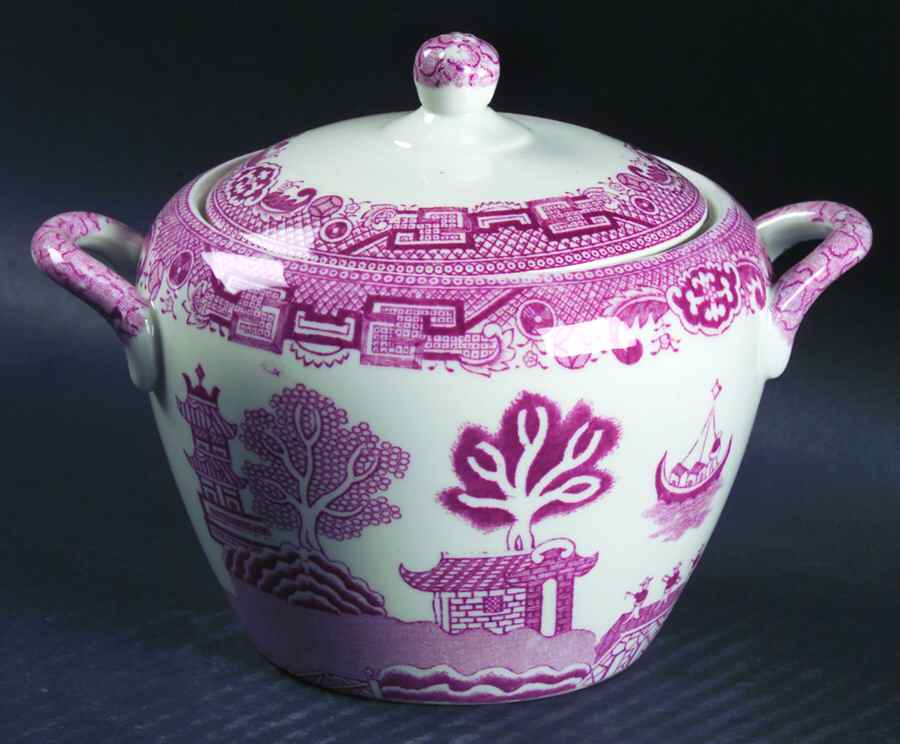 Willow Pink (White Background) Sugar Bowl & Lid by Allerton's-1
