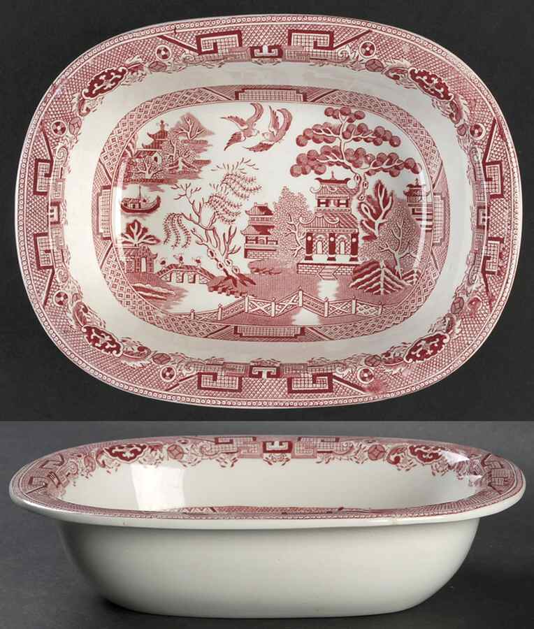 Willow Pink (White Background) 9" Oval Vegetable Bowl by Allerton's-1