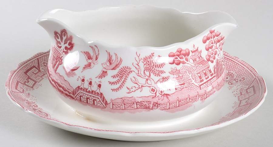 Willow Pink (White Background) Gravy Boat with Attached Underplate by Allerton's-1