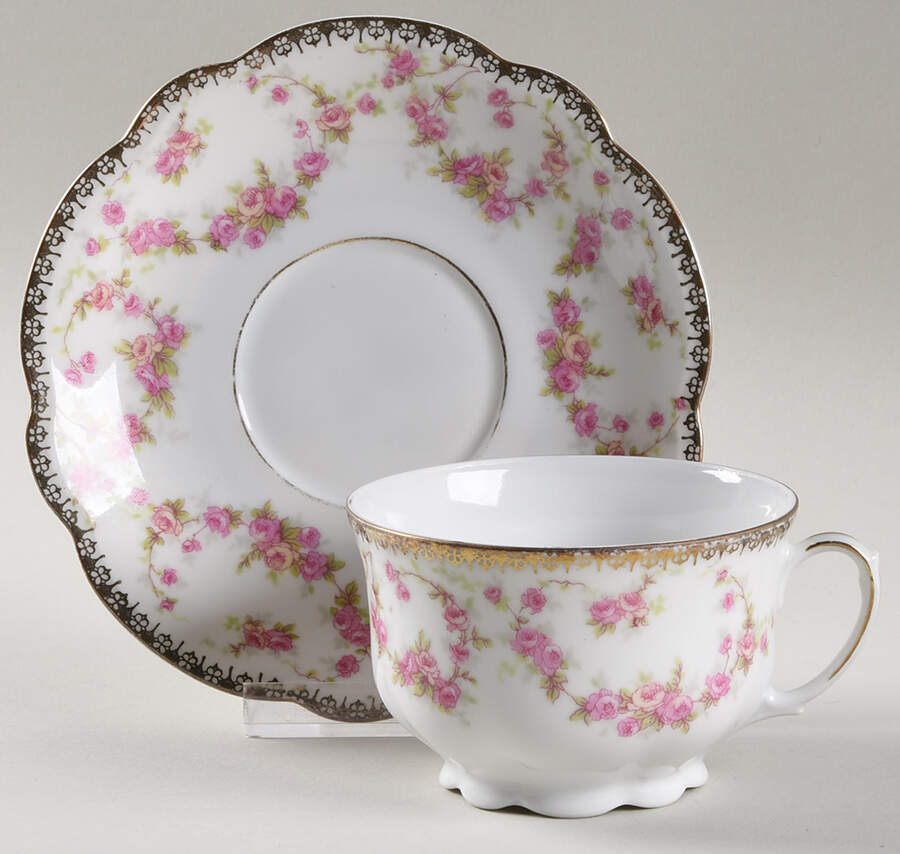 Bridal Rose (Scalloped, Gold Edge) Footed Cup & Saucer Set by Altrohlau-1