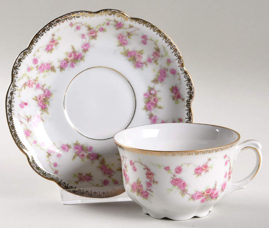 Bridal Rose (Scalloped, Gold Edge) Footed Cup & Saucer Set by Altrohlau-1