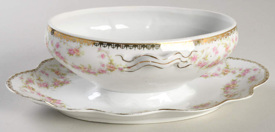 Bridal Rose (Scalloped, Gold Edge) Gravy Boat w/Attached Underplate No Lid by Altrohlau-1
