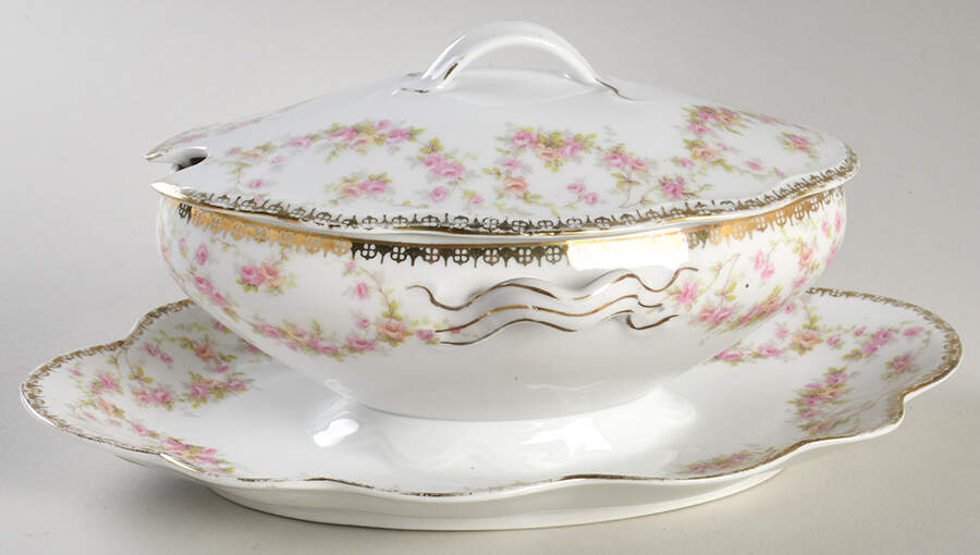 Bridal Rose (Scalloped, Gold Edge) Gravy Boat w/Attached Underplate & Lid by Altrohlau-1