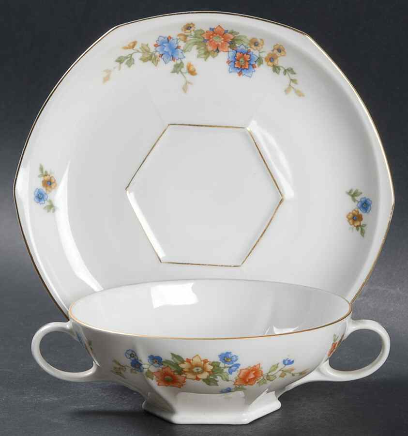 Golden Pheasant (Octagonal) Footed Cream Soup Bowl & Saucer Set by Altrohlau-1