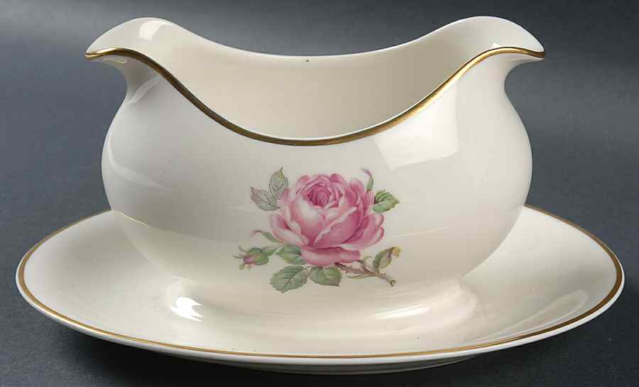Manor Rose (Gold Trim) Gravy Boat with Attached Underplate by Ancestral - Am Hostess-1