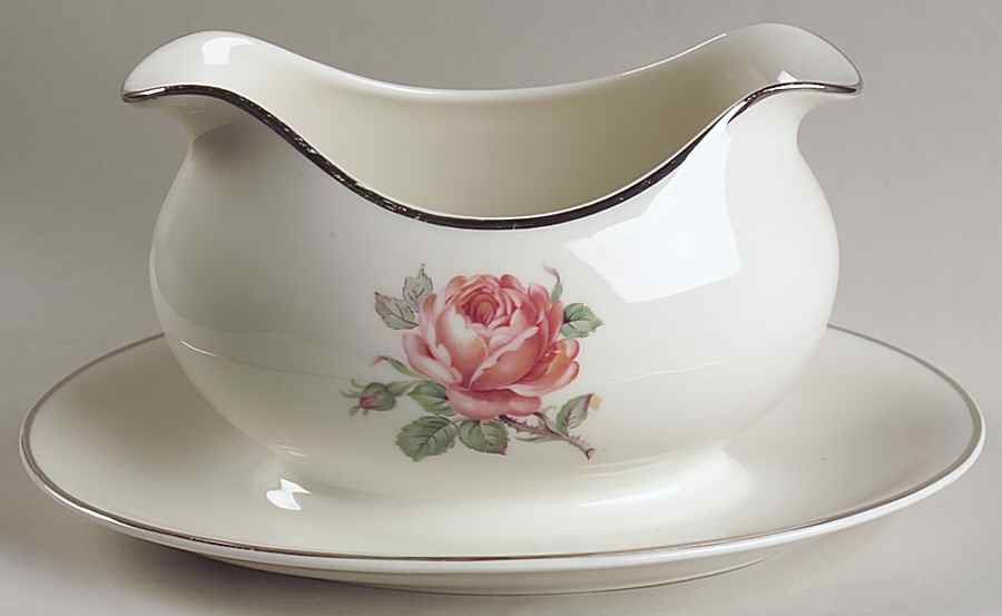 Manor Rose (Platinum Trim) Gravy Boat with Attached Underplate by Ancestral - Am Hostess-1
