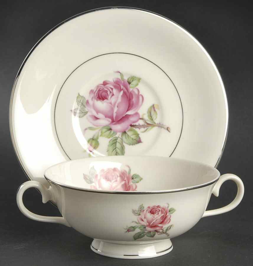 Manor Rose (Platinum Trim) Footed Cream Soup Bowl & Saucer Set by Ancestral - Am Hostess-1