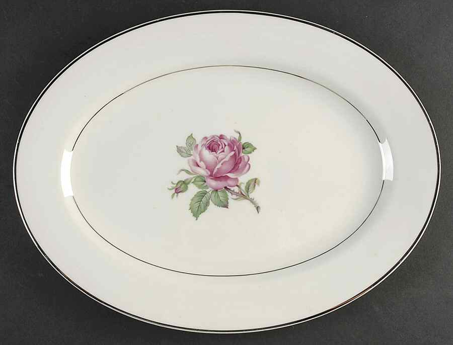 Manor Rose (Platinum Trim) 14" Oval Serving Platter by Ancestral - Am Hostess-1
