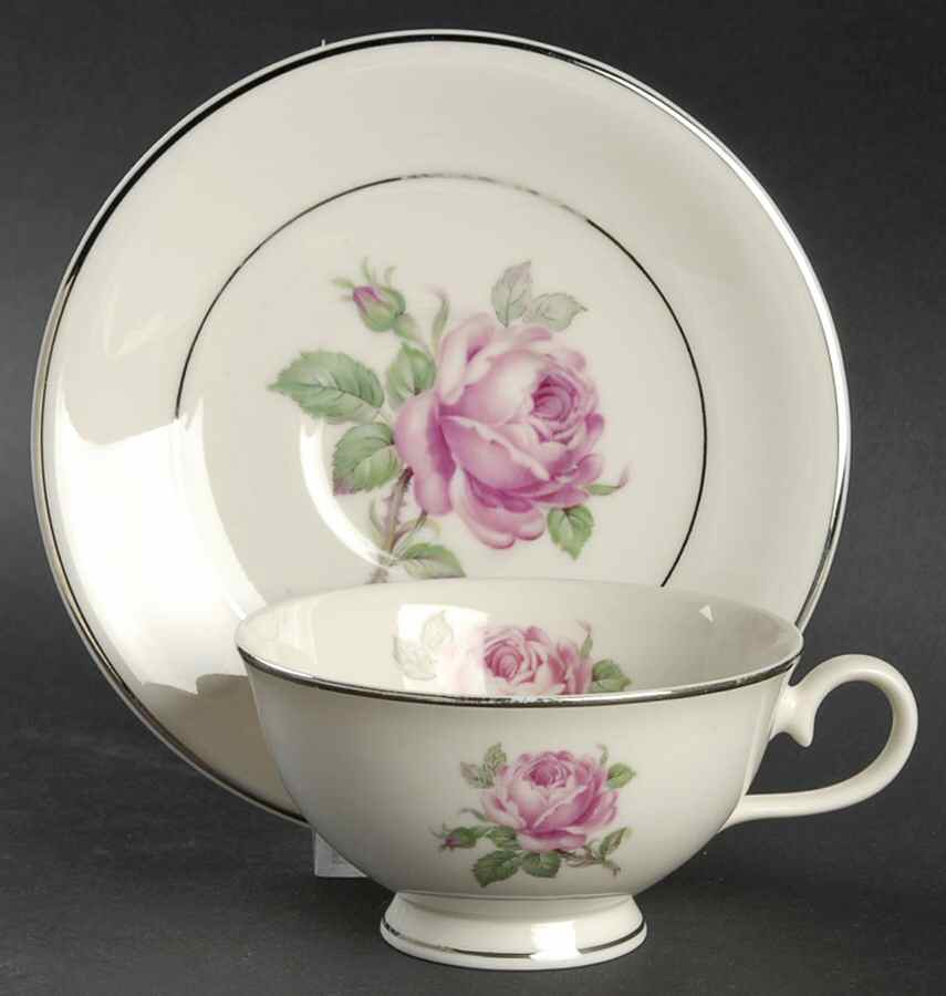 Manor Rose (Platinum Trim) Footed Cup & Saucer Set by Ancestral - Am Hostess-1